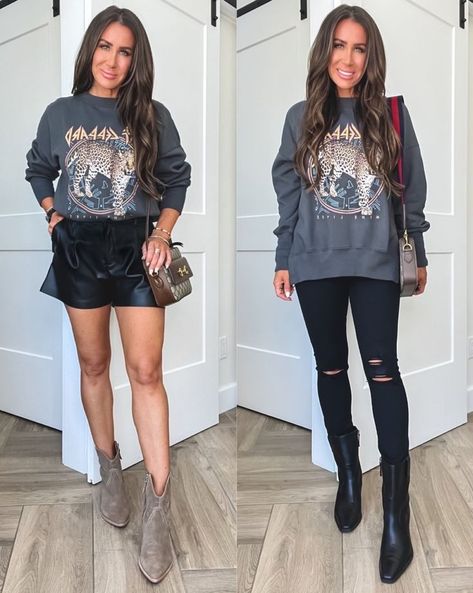 Graphic Sweatshirt, Faux Leather Shorts, Distressed Jeans, Western Booties, Fall Boots, Shoulder Bag Chic Sweatshirt Outfit, Outfit With Turtleneck, Outfit Ideas Sweatshirt, Graphic Sweatshirt Outfit, Leather Shorts Outfit, Casual Outfit Idea, Small Band, Sleeveless Puffer, Faux Leather Shorts