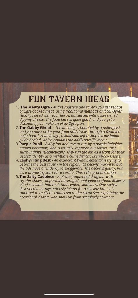 Dnd Pirate Aesthetic, Dnd Pirate Adventure, Dnd Tavern Food, Dungeons And Dragons Tavern, Tavern Ideas, Dnd Tavern, Game Hook, Dnd Campaign, Dungeon Master's Guide