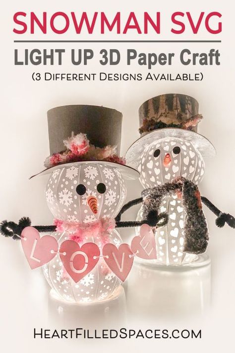 Chase away the winter blues with this sweet light up paper snowman craft. Follow this detailed tutorial and download your free SVG cut file or PDF printable to create your own. #snowmansvg #freesvg #papersnowman #cutesnowman #cricut #silhouette Snowman Accessories, Snowman Svg, Printable Snowman, Idee Cricut, Christmas Paper Crafts, 3d Paper Crafts, Snowman Crafts, Cricut Free, 3d Christmas