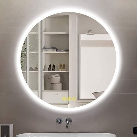 Bathroom Round Mirror, Large Bathroom Vanity, Backlit Bathroom Mirror, Wall Mounted Makeup Mirror, Round Bathroom, Illuminated Mirrors, Lighted Vanity Mirror, Bathroom Mirror Lights, Mirror With Led Lights