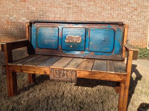 Vintage Blue Red Rust Ford Tailgate Bench, 1951, license plate, soda drink bottle opener, pallet wood, reclaimed, repurposed Chevy Tailgate Bench, Truck Tailgate Bench, Tailgate Bench, Car Part Furniture, Automotive Furniture, Truck Tailgate, Tail Gate, Car Furniture, Funky Decor