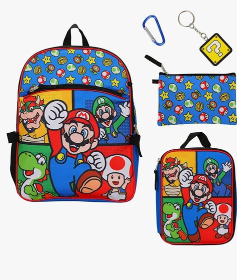 Officially Licensed Nintendo Super Mario Product From Bioworld 16" inch height x 12 inch width x 5 inch depth Backpack With Padded Back and Adjustable Shoulder Straps Detachable Lunch Box, Water Bottle, Zipper Pencil Case, Insulated Snack Bag Mario and Friend Allover Design with Subtle Shimmer Pixel Background Design For Ages 3+ Super Mario Bros Characters, Mario Bros Characters, Mario Brother, Super Mario Bros Games, Bunny Backpack, Rubber Keychain, Lunch Kit, Mario Luigi, Backpack Set