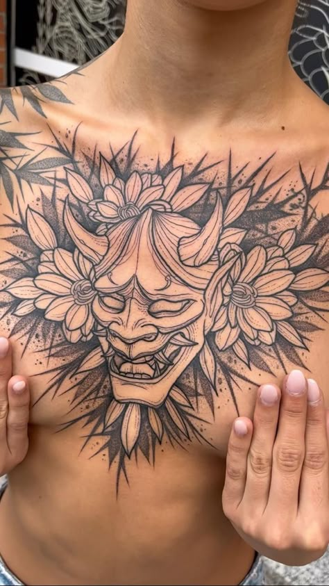 Hanya Mask Chest Tattoo, Neck Chest Tattoo, Ab Tattoo, Hannya Mask Tattoo, Tattoo On Chest, Sketch Style Tattoos, Card Tattoo Designs, Samurai Tattoo Design, Hannya Mask