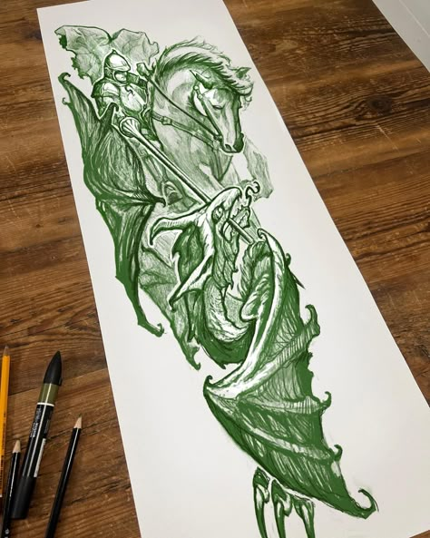 Draw Concept Art, Dragon And Knight Drawing, The Green Knight Tattoo, Dragon Tattoo Medieval, George And The Dragon Tattoo, Horse Rider Tattoo, George Washington Tattoo, Dragon Rider Character Design, St George Tattoo