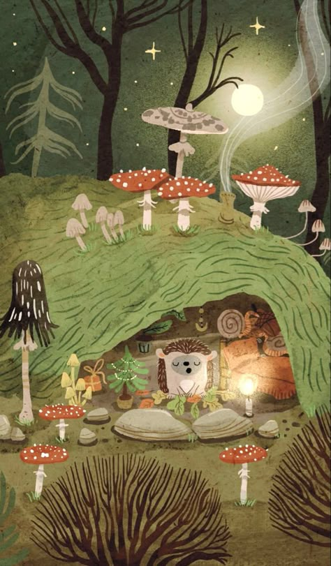 Storybook Art, Twinkling Stars, Book Illustration Art, Mushroom House, The Full Moon, Mushroom Art, Nature Illustration, Illustration Artists, Childrens Illustrations