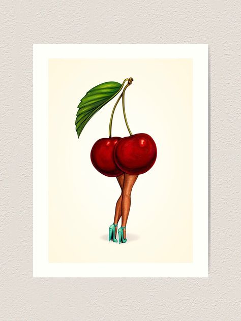 "Black Cherry Pin-Up" Art Print by KellyGilleran | Redbubble Cherry Bathroom Ideas, Cherry Art Drawing, Cherries Art, Cherry Bathroom, Cherry Art Aesthetic, Cute Cherry Painting, Cherry Bathroom Decor, Cherry Illustration, Cherry Astethic Art