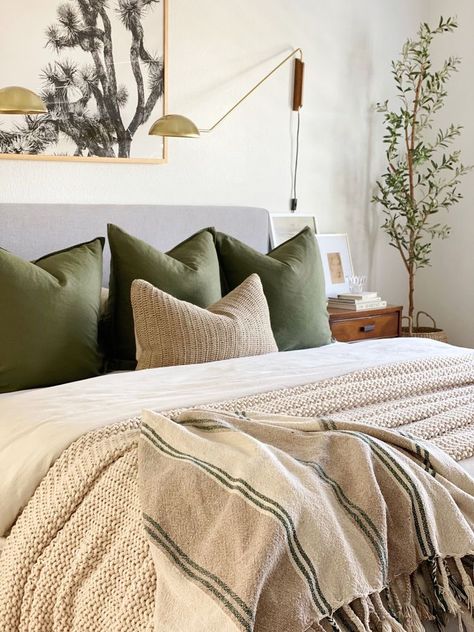 Green Bedspread Aesthetic, Neutral Green Bedroom Ideas, Bedroom With Olive Green Accents, Fall Colored Bedroom, Olive Green Bedding Ideas, Relaxing Master Suite, Olive Green Bedroom Ideas, Olive Bedroom, Tan Bedroom