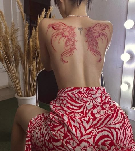 Trash Polka Tattoo Feminine, Dragon Tattoo Bicep Women, Feminine Tattoo Sleeves Spiritual, Symmetrical Above Knee Tattoo, Pink Spine Tattoo, Flattering Tattoo Placement, Dragon Wing Back Tattoo, Dark Feminine Energy Tattoo, Dark Feminine Back Tattoos