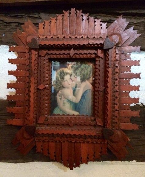 Tramp Art frame – Galleria Scola Custom Framing Fox And Hound, One Room Cabin, Peasant Art, Art Restoration, Tramp Art, Art Frames, Hanging Wall Mirror, Repurposed Items, American Folk Art