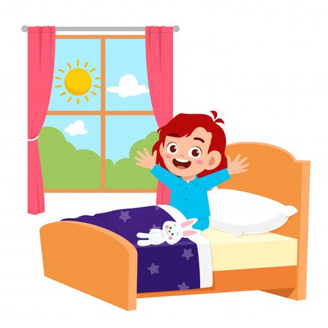 Happy cute little kid girl wake up in th... | Premium Vector #Freepik #vector #girl #cartoon #comic #kid Aktiviti Prasekolah, Zodiak Gemini, Daily Routine Activities, Kids Routine Chart, Wake Up In The Morning, Flashcards For Kids, Morning Cartoon, Girl Sleeping, Kids Clipart