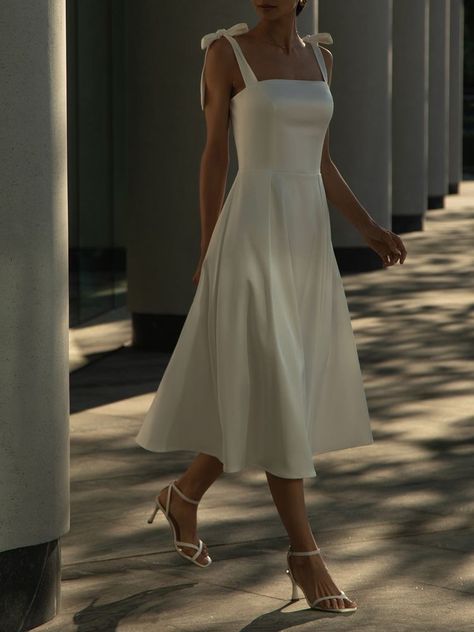 White Cocktail Dress Classy Midi, Grad Dress Mid Length, Champagne Rehearsal Dinner Dress, Formal Dresses Midi Elegant, Bow Tie Sleeve Wedding Dress, Fit And Flare Dress Formal Midi, Rehearsal Dinner Dress Classy, Elegant Graduation Dress Classy, Wide Shoulder Wedding Dress