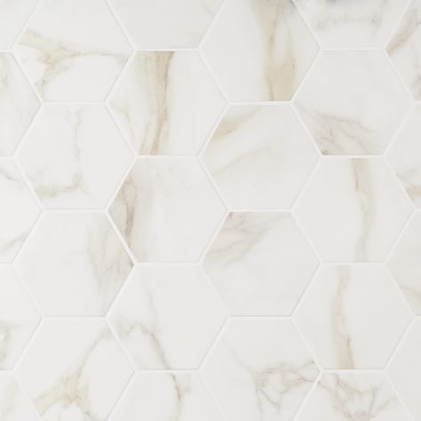 Artmore Tile 30-Pack Calacatta 6-in x 7-in Matte Porcelain Marble Look Floor and Wall Tile in the Tile department at Lowes.com White Hexagon Tile Bathroom, Calacatta Tile, Artmore Tile, Transitional Tile, Polish Ceramics, Matte Tile, Tile Trends, Calacatta Gold, Luxury Marble