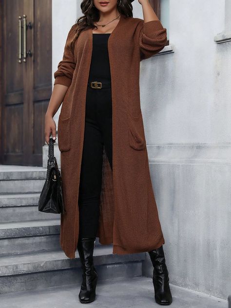 Mocha Brown Casual Collar Long Sleeve Knitwear Plain  Embellished Slight Stretch  Women Plus Clothing Long Rust Cardigan Outfit, Long Brown Sweater Outfit, Long Brown Cardigan Outfit, Duster Cardigan Outfit, Brown Cardigan Outfit, Long Brown Sweater, Dark Brown Cardigan, Long Brown Cardigan, Long Cardigan Outfit