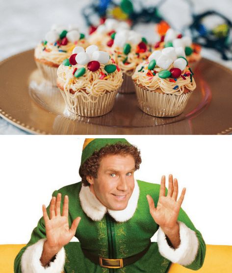 Christmas movies and TV shows fun food pairings -- Buddy the Elf Movie Meal Ideas, Christmas Movie Food, Movie Food Ideas, Elf Movie Party, Elf Themed Christmas Party, Movie Dinner, Fun Food Ideas, Movie Food, Christmas Cupcakes Recipes