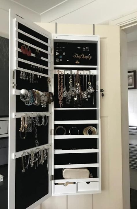 Jewellery Storage Cabinet Full of Costume Jewellery Jewellery Cupboard Ideas, Jwellary Organiser, Jewelery Organiser Wardrobe, Jewellery Storage Aesthetic, Jewellery Organisation, Jewelry Storage Cabinet, Cupboard Ideas, Cabinets Bedroom, Ideas Closet