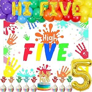 Hi Five Birthday, Foil Cake, Preschool Graduation Party, 5th Birthday Party, Hi Five, Preschool Graduation, Rainbow Balloons, Kids Gift Guide, Number 5