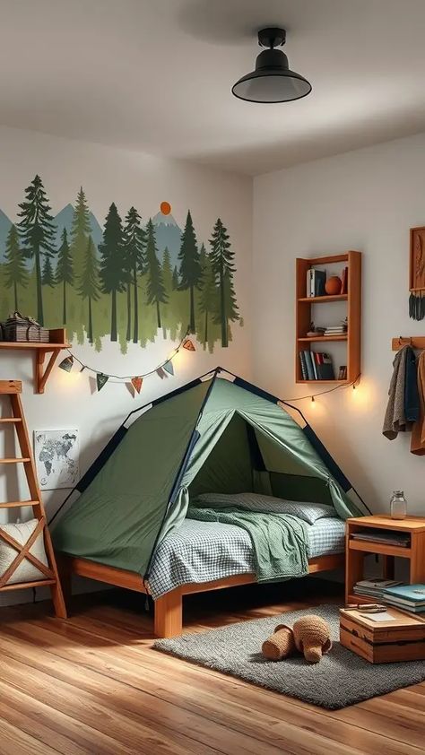 24 DIY Toddler Boy Bedroom Ideas for Hands-On Parents Toddler Bed For Boys, Diy Toddler Bed Boy, Boys Adventure Bedroom Ideas, Boys Camping Bedroom, Boys Bed Room Ideas, Toddler Boy Bedrooms, Toddler Bedroom Boy, Boys Bed Room, Toddler Boy Bedroom Ideas