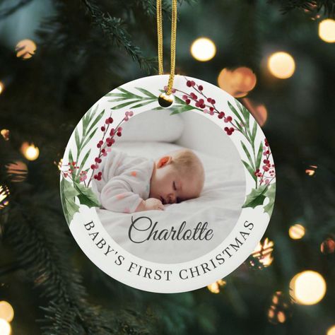 Red Cranberry Foliage Baby's First Christmas Photo Ceramic Ornament First Christmas Ornament Diy, Memory Christmas Tree, Christmas Ornament Diy, 1st Christmas Ornament, Beautiful Christmas Ornaments, First Christmas Photos, Baby First Christmas, Photo Christmas Ornaments, Family Ornaments