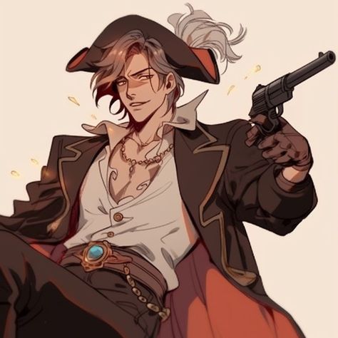 Hot Pirate Guy Art, Pirate Pfp Male, Pirate Ocs Male, Bandit Oc Male, Dnd 5e Pirate Character Art, Pirate Outfit Art Male, Pirate Character Inspiration Male, Hot Pirate Art, Pirate Ship Drawing Reference