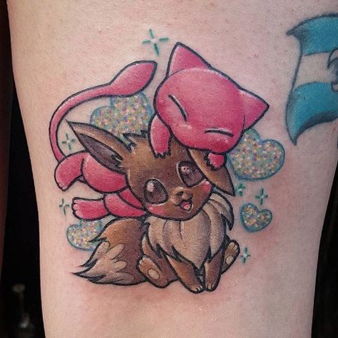 Mew and Eevee tattoos by Mewo Llama. #MewoLlama #pokemon #videogames #anime #kawaii #cute #eevee #mew Eevee Tattoo, Joshua Brown, Tattoo Cute, Mew And Mewtwo, Dragon Ball Tattoo, Holly Marie, Tattoos For Women Half Sleeve, Geek Tattoo, Pokemon Tattoo