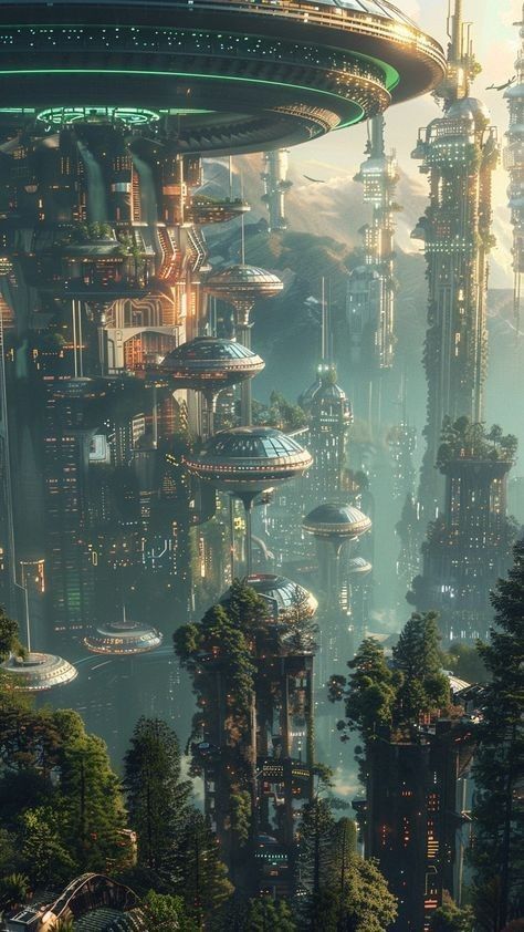 Insane Architecture, Futuristic City Utopia, Sci Fi Landscape, Quantum Entanglement, Steampunk House, Forest City, Cyberpunk City, Space Ships, Background Ideas