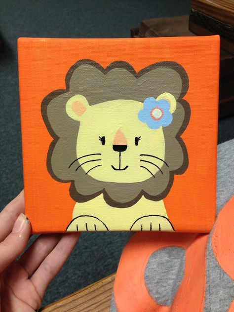 Cute lion I painted for my coaches nursery! Cute Lion Painting, Lion Easy Painting, Lion Canvas Painting Easy, Lion Painting Easy, Lion Canvas Painting, Baby Room Paintings, Kids Lab, Kids Painting Party, Kids Canvas Painting