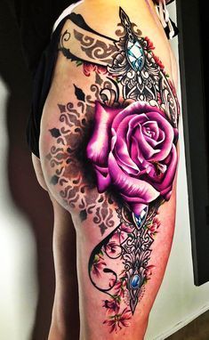 Lace Thigh Tattoos, Mandala Rose, Tattoo Sites, Lace Tattoo Design, Gem Tattoo, Flower Thigh Tattoos, Jewel Tattoo, Thigh Tattoo Designs, Hip Tattoos