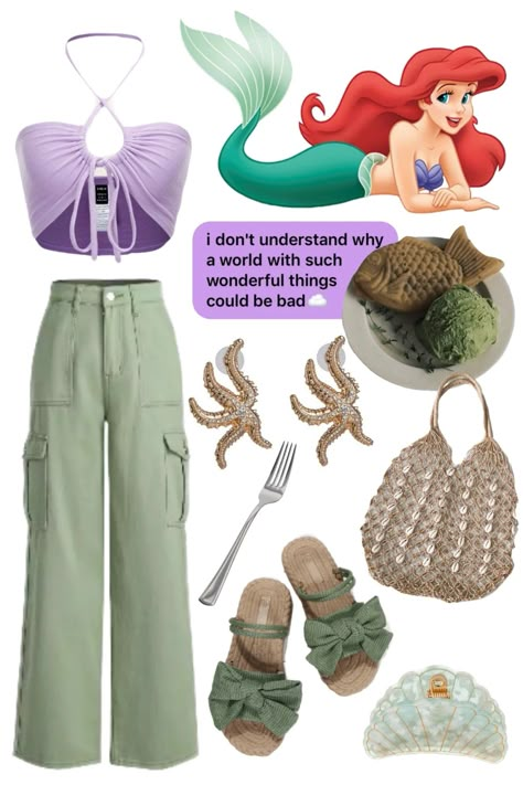 Purple halter tie top paired with green relaxed pants. Green bow sandals. Gold starfish earrings. Green/white/gold seashell hair clip. Handmade woven bag with shells woven in. Ariel Outfit Ideas, Ariel Outfit, Disney Princess Halloween Costumes, Disney Bounding Outfits, Bounding Outfits, Disney Princess Inspired Outfits, Disney Bound Outfits Casual, Disney Trip Outfits, Princess Inspired Outfits