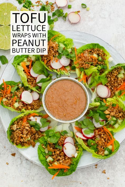 Recipe With Peanut Butter, Tofu Lettuce Wraps, Vegetarian Lettuce Wraps, Lettuce Wraps Recipe, Lettuce Recipes, Peanut Butter Dip, Turkey Lettuce Wraps, Cooking Tofu, Flexitarian Diet