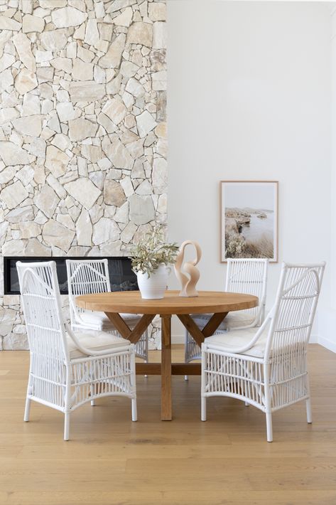 Dining Room Furniture featuring round teak dining table white chairs Table For Four, Beach Furniture, Stylish Chairs, Wood Surface, Round Dining Table, Come Together, White Paints, Modern Classic, Furniture Shop