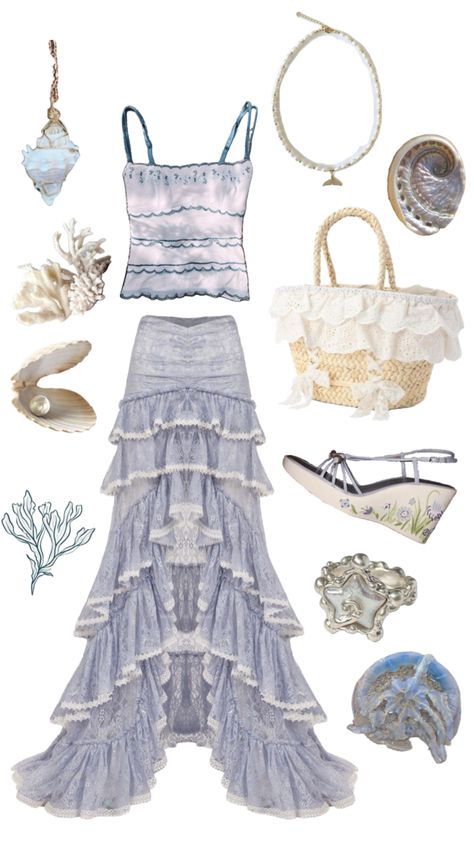 #ocean #beach #outfitinspo Sea Moodboard Fashion, Ocean Inspired Clothes, Ocean Themed Dresses, Mermaidcore Outfits Casual, Ocean Theme Outfit, Ocean Girl Outfits, Mermaid Core Outfits Casual, Mermaid Fashion Aesthetic, Beachcore Outfit