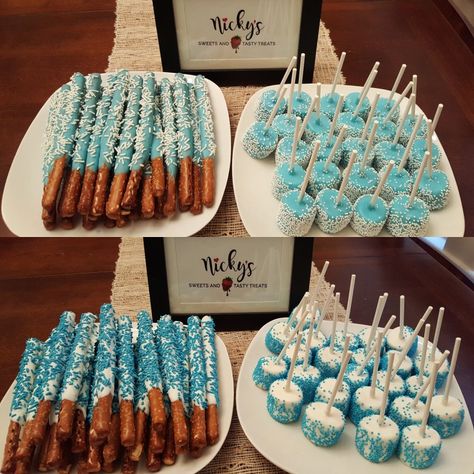 Light Blue Pretzel Rods, Pretzel Sticks Dipped In Chocolate Blue, Blue Dipped Pretzel Rods, Blue And White Desserts, Blue Baby Shower Desserts, Blue And White Dessert Table, Blue And White Food, Chocolate Covered Pretzel Sticks, Dipped Marshmallows