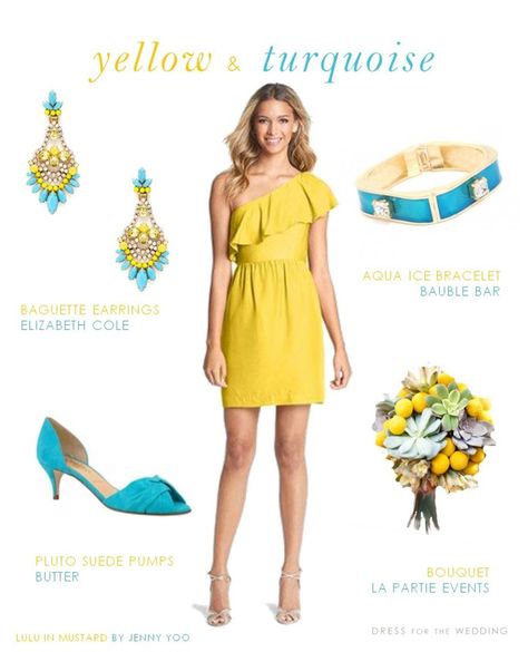 Yellow Dress and Turquoise Accessories Yellow Dress Jewelry, Yellow Dress Accessories, Yellow Shoes Outfit, What Jewelry To Wear, Turquoise Accessories, Mustard Yellow Dress, Yellow Wedding Dress, Dress Earrings, Mustard Yellow Dresses