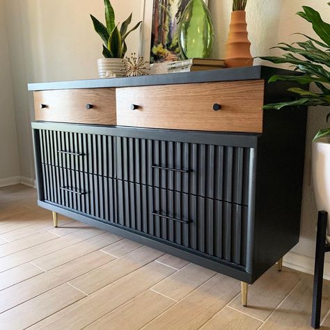 Custom Dresser Ideas, Modern Painted Dresser, Two Tone Bedroom Furniture, Two Tone Dressers, Black And Brown Furniture, Dresser Makeover Black, Mcm Dresser Makeover, Moody Color Scheme, Dresser Flip