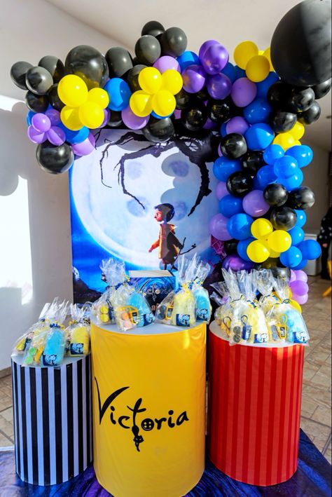 Coraline Theme Quince, Caroline Birthday Party Ideas, Coraline Baby Shower Theme, Coraline Gender Reveal, Coralline Birthday Theme, Caroline Theme Party, Coraline Birthday Decorations, Diy Coraline Party Decorations, Coraline Halloween Party