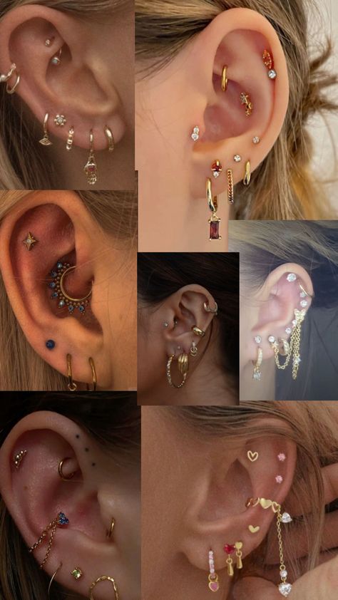 Women Ear Piercings Ideas, Unique Ear Piercings Creative, Eat Peircings Women, Full Ear Piercings Aesthetic, Ear Peirce Chart, Piercing Pain Chart, Piercings Idea, Ear Mapping, Full Ear Piercings