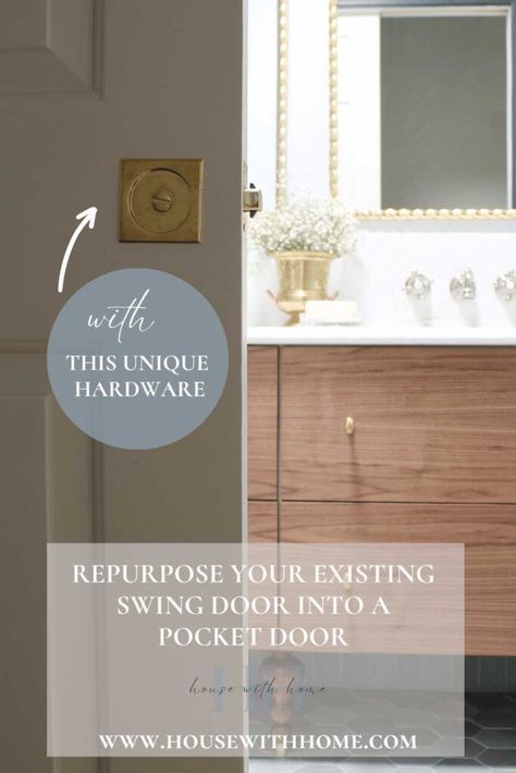 An infograph of a pocket door highlighting the hardware with text "Repurpose your existing swing door into a pocket door". The door peeks into a bathroom with a walnut vanity, blue tile, and brass rope mirrors. Pocket Door With Lock, Brass Pocket Door Hardware, Pocket Door Pulls With Lock, Pocket Door Handles With Lock, Pocket Door Hardware Lowe's, Emtek Pocket Door Hardware, 5 Panel Doors, Unlacquered Brass Hardware, Emtek Door Hardware