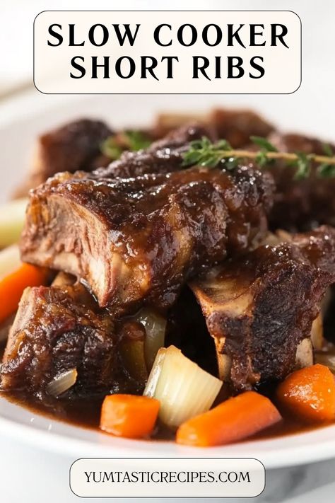 Impress your family with these fall-off-the-bone slow cooker short ribs! A rich, savory sauce and slow cooking magic transform this dish into a gourmet meal with minimal effort. Perfect for weeknight dinners or entertaining guests—this recipe is as easy as it is delicious!

#CrockPotShortRibs #SlowCookerComfortFood #EasyGourmet #FamilyDinners #BraisedBeef How To Make Short Ribs In Crock Pot, Easy Crockpot Short Ribs, Easy Beef Short Ribs Crock Pot, Beef Short Ribs Dinner Ideas, Braised Beef Ribs Slow Cooker, How To Cook Short Ribs Crock Pot, Bbq Beef Short Ribs Crock Pot, Chuck Short Rib Recipes Slow Cooker, Crock Pot Braised Short Ribs