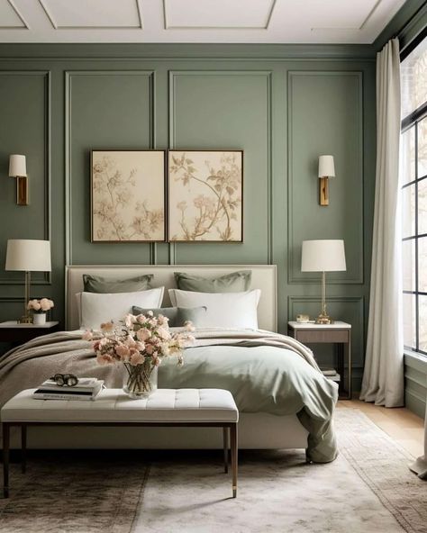 NEW BLOG POST - How to use sage green in your bedroom 💚💚 I talk a lot about the color sage green on my blog and there’s a reason for this. This beautiful shade is a soothing and contemporary hue that is versatile, and tranquil and works well with so many colors. If you are struggling to find the right color palette, a sage green bedroom is the perfect place to start. This soft, muted green hue is not just a trend; it helps promote relaxation and relieve us of our daily stresses. #sagegree... Green Palette Interior Design, Pale Green Room Aesthetic, Sage Gold Bedroom, Sage Green Built In Wardrobe, Light Sage Bedroom Ideas, Pistachio Green Bedroom, Sage Guest Room, Light Sage Room, Bedroom Design Color Palettes