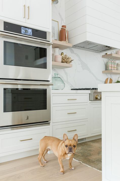 White Brick Backsplash, French Range, Viking Stove, Small Wooden Shelf, Jenn Air Appliances, White Shaker Kitchen, White Shaker Cabinets, Shaker Kitchen Cabinets, Brick Backsplash