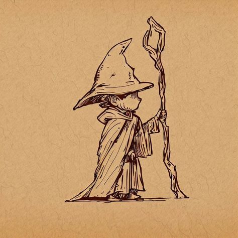 Cute Wizard Art, Cute Wizard Tattoo, Small Wizard Tattoo, How To Draw A Wizard, Wizard Illustration Character Design, Wizard Cloak Drawing, Fantasy Ink Drawing, Fantasy Drawing Ideas Inspiration, Cute Wizard Drawing