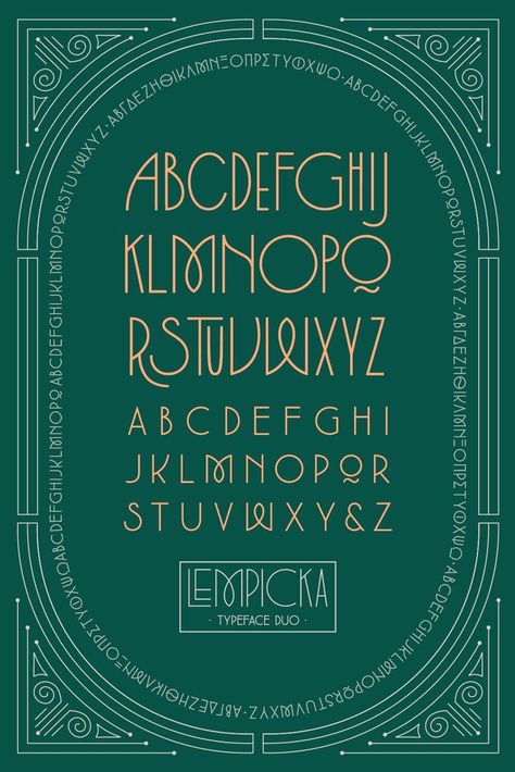 & Raleway Lempicka and Raleway: A Match Made in Art Deco Heaven | Lempicka and Raleway are a perfect match for art deco designs. Lempicka's geometric shapes and bold colors complement Raleway's clean lines and elegant Letras Cool, Art Deco Fonts, Art Deco Font, Deco Font, Graphic Work, Alfabet Letters, Modern Calligraphy Fonts, Font Duo, Typography Love