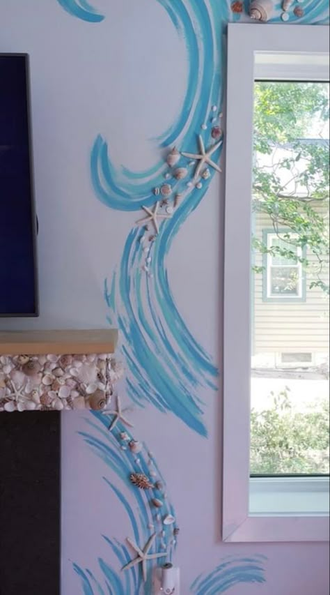 Ocean Ideas Decoration, Room Ocean Aesthetic, Ocean Themed Mural, Sea Theme Room Decor Ideas, Sea Mural Painting, Water Theme Room, Ocean Aesthetic Room Decor, Beach House Ideas Decor, Ocean Room Decor Diy