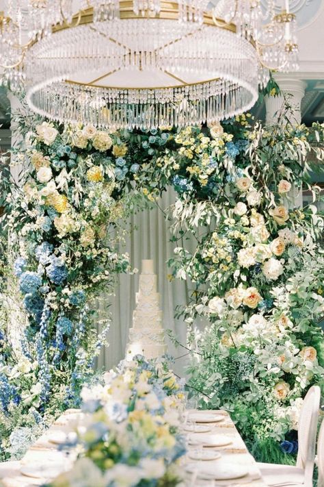 Get inspired by this dreamy blue and white floral wedding decor! Perfect for an elegant and luxurious celebration, this setup features lush hydrangeas, roses, and an ornate chandelier centerpiece. Save this for your wedding mood board and add a touch of classic elegance to your big day! #WeddingDecor #FloralWedding #LuxuryWeddings #BlueAndWhiteWedding