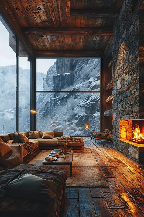 Rustic Modern House with a Snowy View Mountain House Living Room, Mountain Homes Interiors, Mountain House Interior, Modern Mountain House, Woodland House, Farmhouse Style Bedrooms, Modern Mountain Home, House Living Room, Modern Mountain