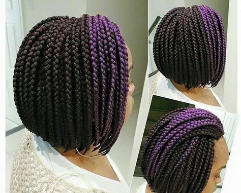 Braided Bob life /❤️ Short Purple Braids, Purple Highlights Bob Haircut, Black And Purple Bob Hairstyles, Box Braid Bob With Beads, Short Box Braids Bob, Braids Bob Style, Purple Inverted Bob, Short Bob Braids, Bob Box Braids Styles