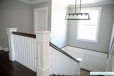 Walls:  Seattle, Frazee (Sherwin Williams).  A gray she used a lot throughout her home.  The Sunnyside Up Blog. Staircase Redo, True Grey Paint Color, Kitchen Colors For Walls, Colors For Walls, Beautiful Staircases, Farmhouse Stairs, Best Gray Paint, Best Gray Paint Color, Stair Cases