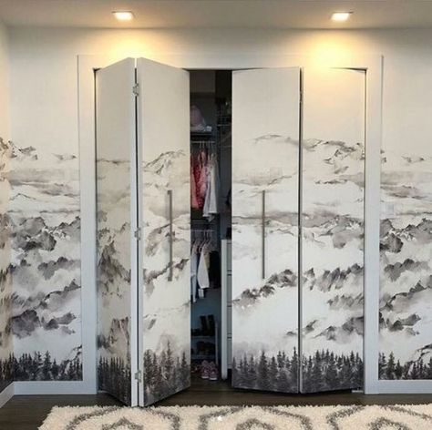 Wallpaper Closet Doors, Pure Wallpaper, Prince Design, Murphy Door, Ceiling Details, Wallpaper Door, Creative Closets, Scandinavian Wallpaper, Room Remodel