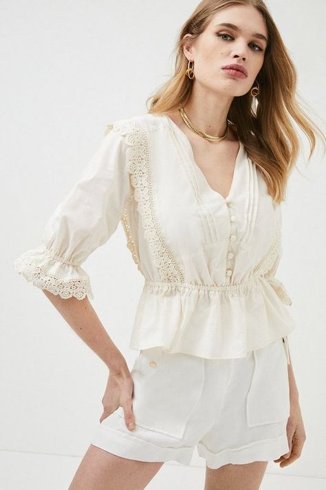 Cotton Poplin Lace Insert Peplum Woven Blouse | Karen Millen Future Outfit, Tops Blouse, Lace Insert, High Society, Blouse Shirt, Karen Millen, Top Collection, Fashion Face, New Wardrobe