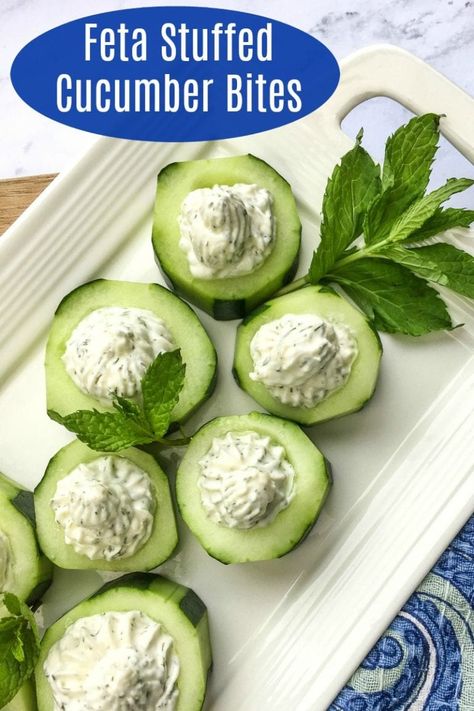 Feta cheese and cucumbers are two of my favorite things, so of course I love this feta stuffed cucumber appetizer recipe. Charcuterie Sides, Stuffed Cucumbers, Feta Bites, Cucumber Snacks, Cottage Recipes, Cucumber Appetizers, Cucumber Cups, Card Night, Dill Recipes